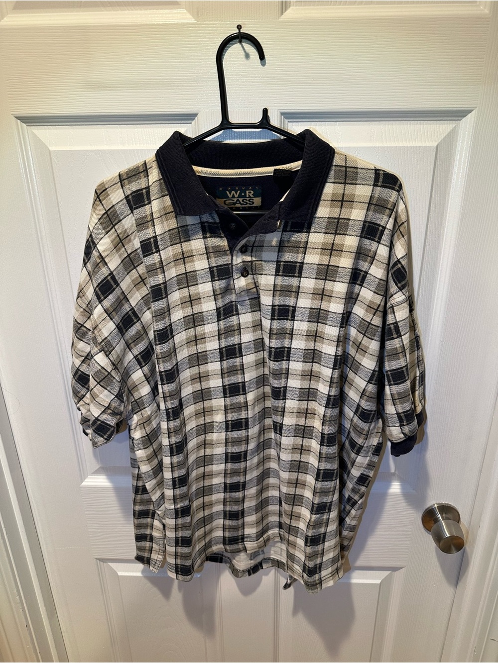 Vintage 90s W-R Gass Plaid Grid Check Knit Polo Shirt Blue and Tan Mens XL